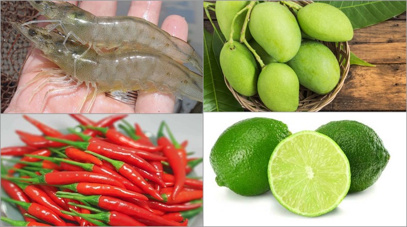 Nguyên liệu món ăn gỏi tôm sống xoài xanh