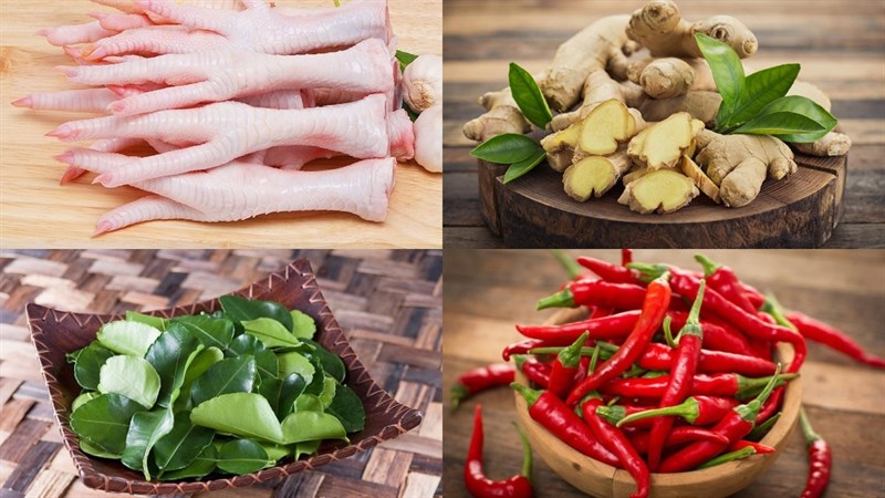 Nguyên liệu món ăn chân gà luộc thảo quả, chân gà luộc gừng