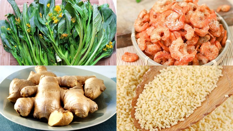 Nguyên liệu món ăn canh cải ngồng tôm tươi, canh cải ngồng nấu tôm khô