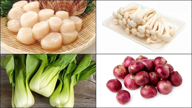 Nguyên liệu món ăn cồi sò điệp xào nấm cải, măng tây và hoa thiên lý