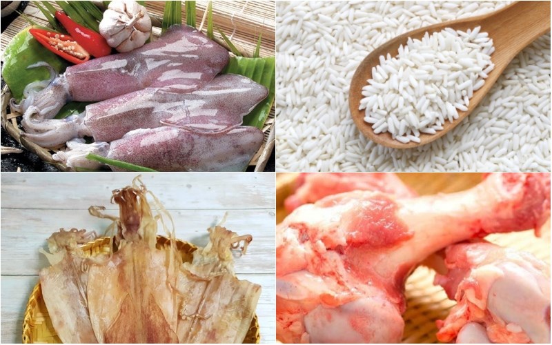 Nguyên liệu món ăn cháo mực khô và cháo mực tươi