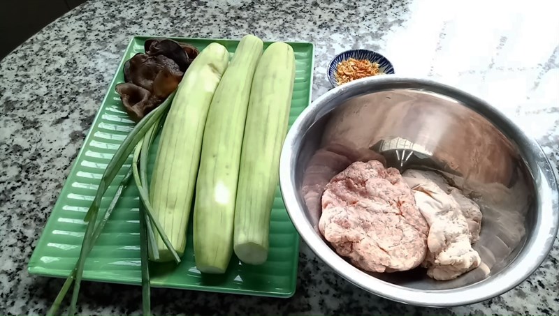 Nguyên liệu món ăn 2 cách làm mướp hương nhồi tôm và nhồi thịt hấp