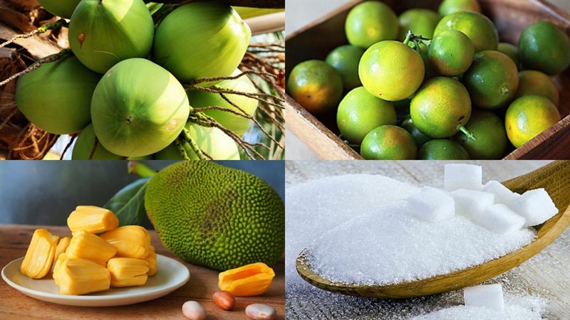 Nguyên liệu món ăn nước dừa tắc, dừa tắc xí muội và dừa tắc mít
