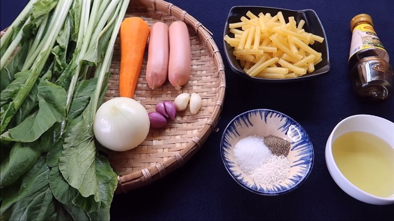Nguyên liệu món ăn 2 cách làm nui xào xúc xích cà chua và rau cải