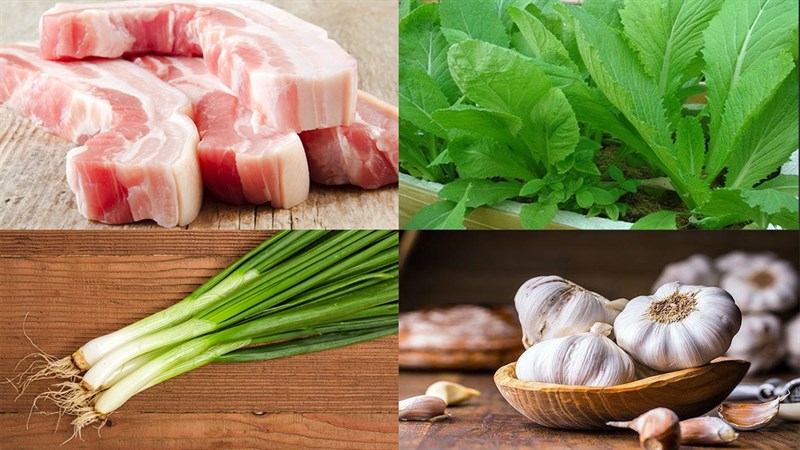 Nguyên liệu món ăn cải bẹ xanh xào thịt heo