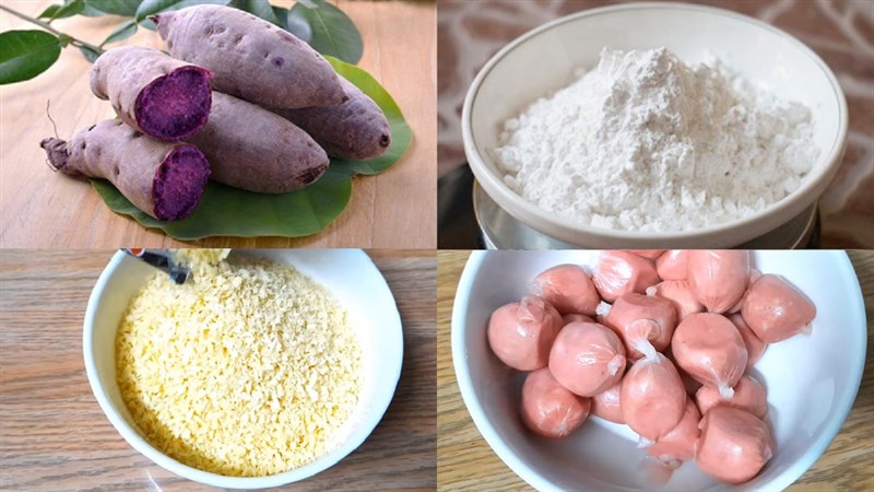 Nguyên liệu món ăn bánh khoai lang tím bọc xúc xích chiên