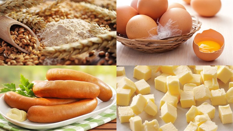 Nguyên liệu món ăn bánh mì cuộn xúc xích bằng nồi chiên không dầu