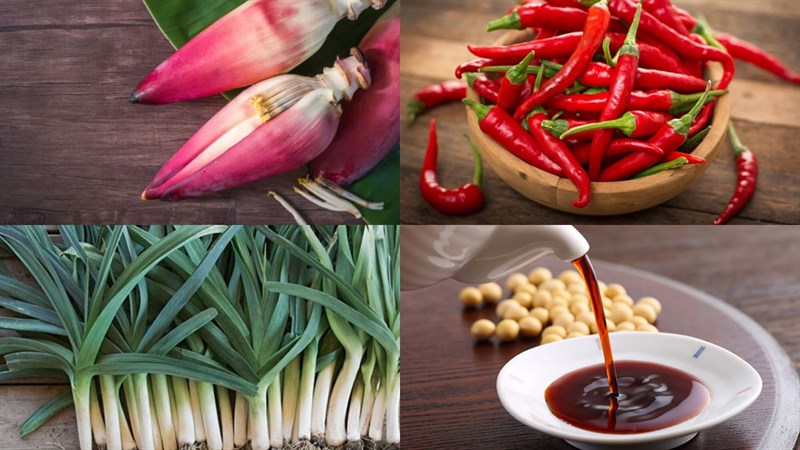 Nguyên liệu món ăn hoa chuối kho tiêu, cà và riềng