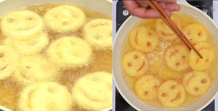 Bước 3 Tạo hình mặt cưới và chiên bánh Bánh khoai tây mặt cười