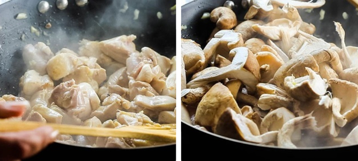 Bước 3 Xào gà Gà xào nấm hương