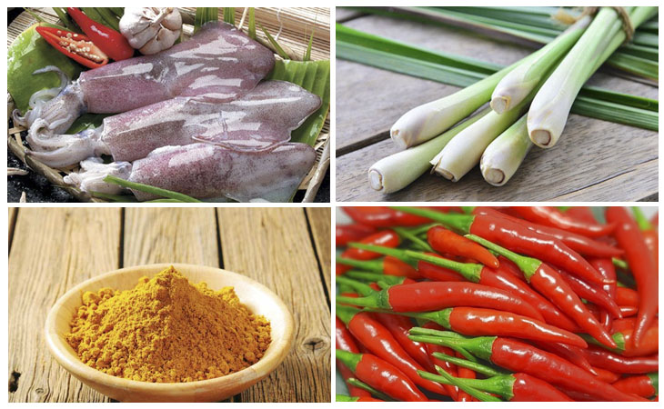 Nguyên liệu món ăn mực xào cà ri sả ớt