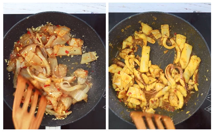 Bước 4 Xào mực Mực xào cà ri sả ớt