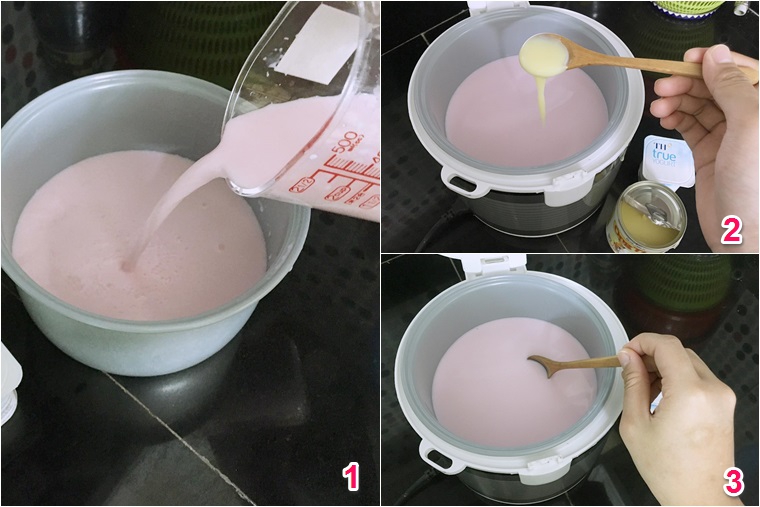 Bước 1 Đổ sữa, nước nóng, sữa đặc vào nồi Sữa chua uống
