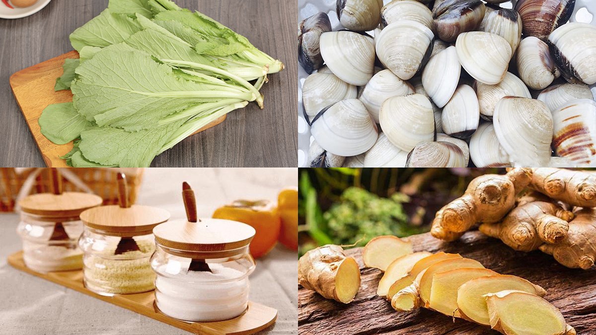 Nguyên liệu món ăn canh ngao (nghêu) với rau cải, với dứa