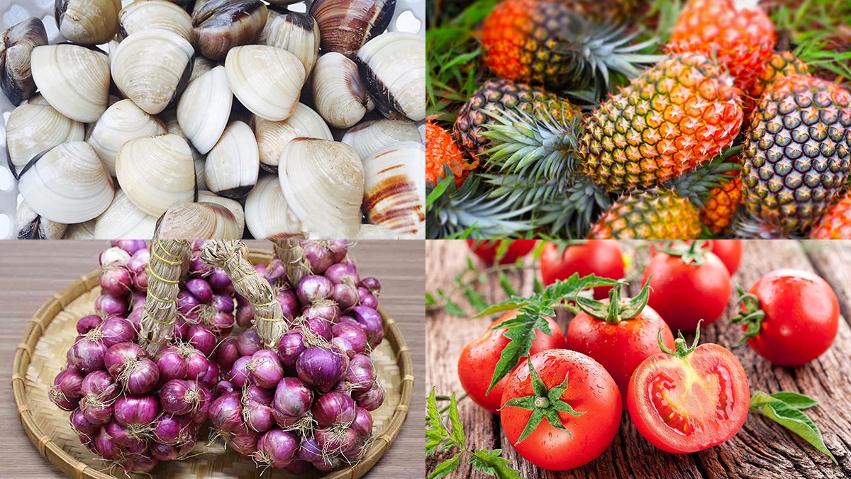 Nguyên liệu món ăn canh ngao (nghêu) với rau cải, với dứa