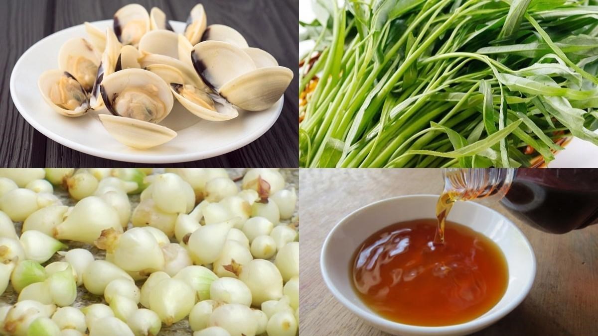 Nguyên liệu món ăn canh nghêu rau muống và nấu mướp