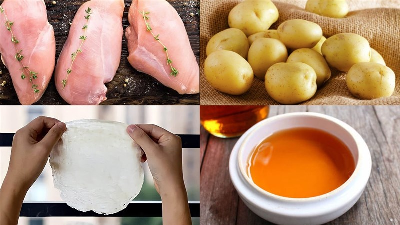 Nguyên liệu món ăn chả giò nhân thịt gà với nấm và khoai tây