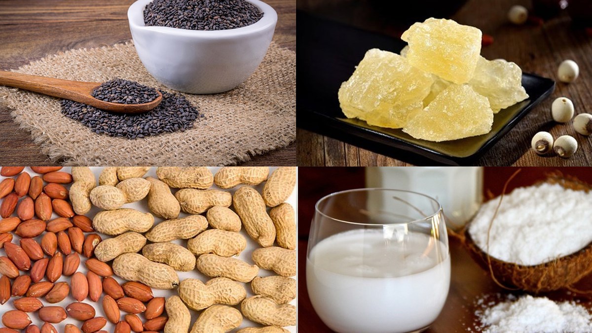 Nguyên liệu món ăn chè mè đen dừa, chè mè đen đậu phộng, chè mè đen nước cốt dừa