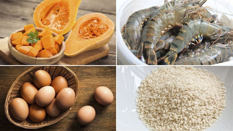 Nguyên liệu món ăn bí đỏ chiên thịt và bí đỏ chiên tôm