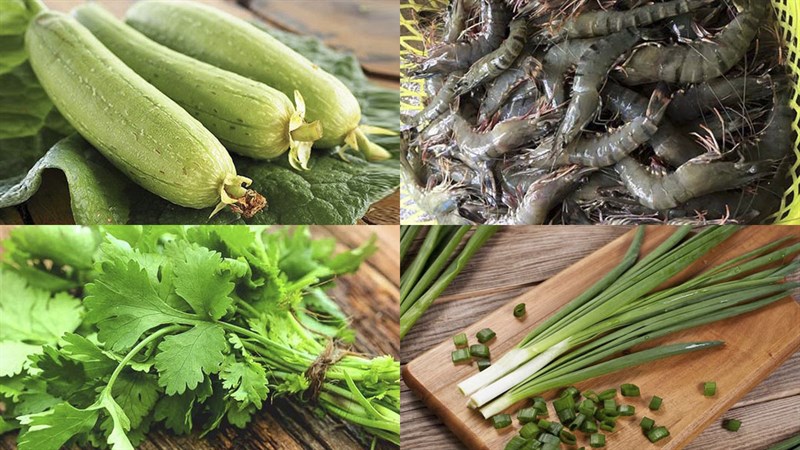 Nguyên liệu món ăn mướp xào tôm tươi