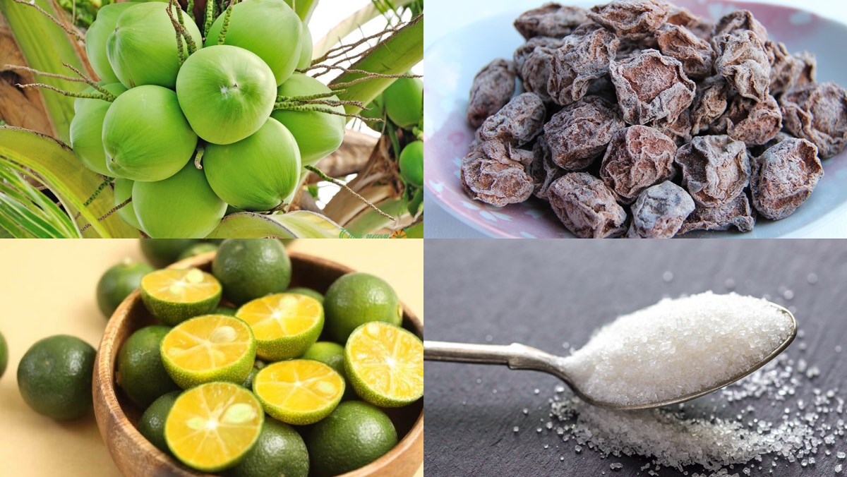 Nguyên liệu món ăn nước dừa tắc, dừa tắc xí muội và dừa tắc mít