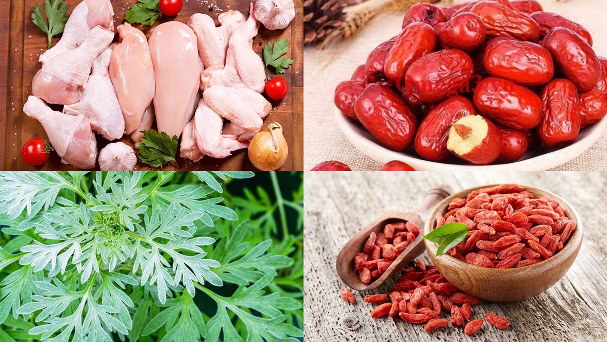 Nguyên liệu món ăn gà ác tần (hầm) ngải cứu