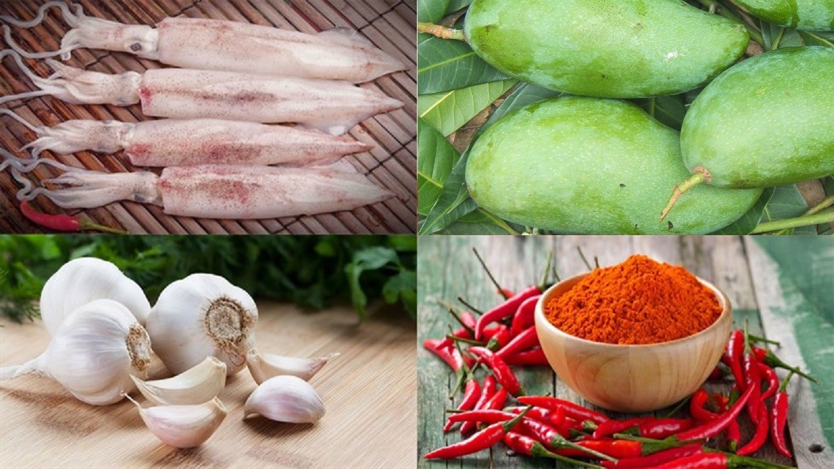 Nguyên liệu món ăn gỏi mực tươi xoài xanh
