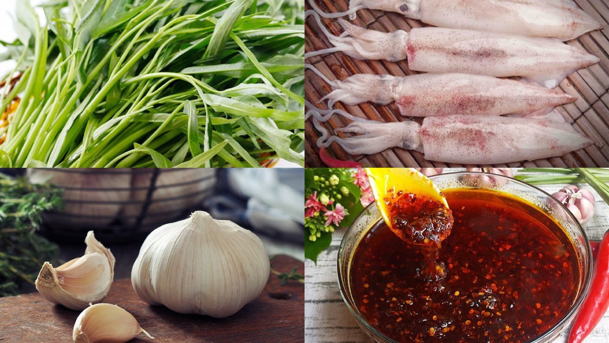 Nguyên liệu món ăn 2 cách làm mực xào rau muống tôm khô
