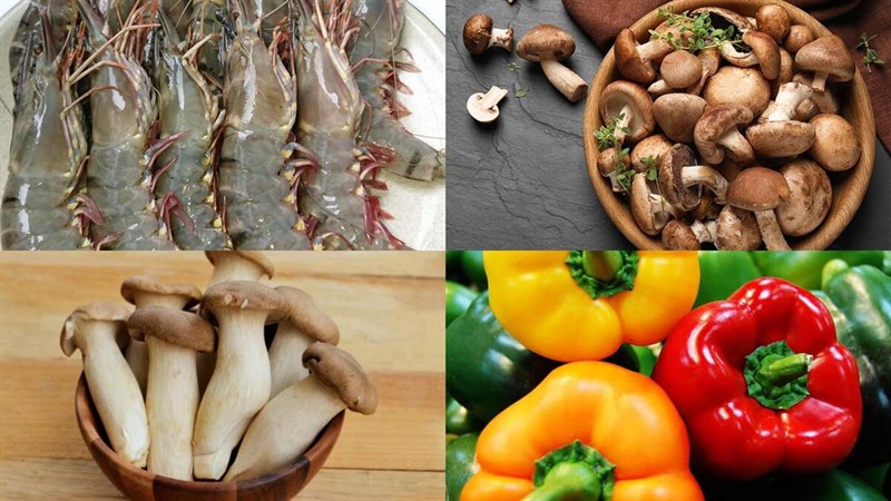 Nguyên liệu món ăn tôm xào nấm hương và nấm linh chi