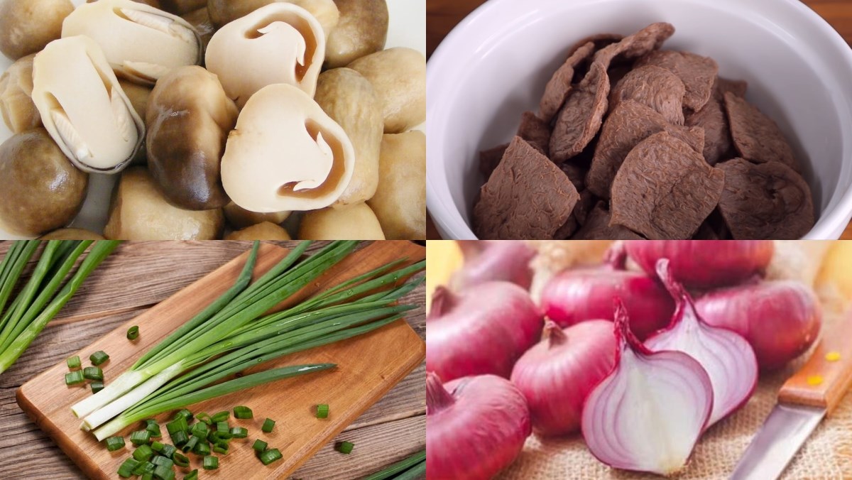 Nguyên liệu món ăn nấm rơm xào sả ớt, nấm rơm xào đậu que, nấm rơm xào thịt bò chay và nấm rơm xào dưa cải chua
