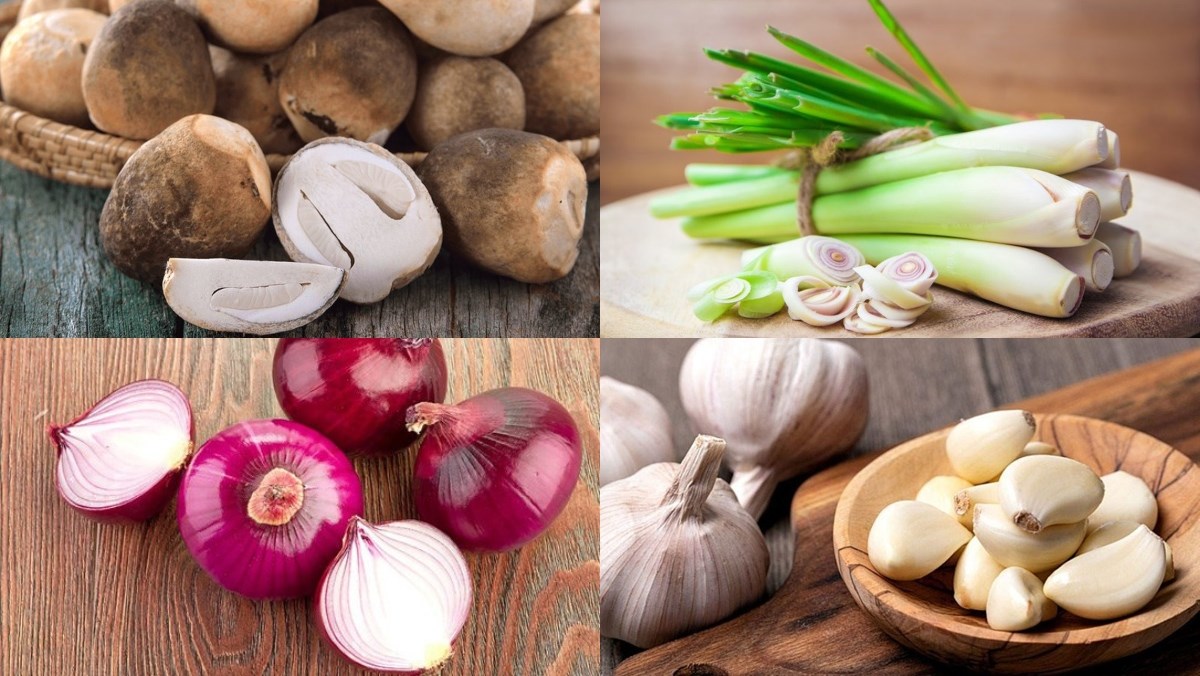 Nguyên liệu món ăn nấm rơm xào sả ớt, nấm rơm xào đậu que, nấm rơm xào thịt bò chay và nấm rơm xào dưa cải chua