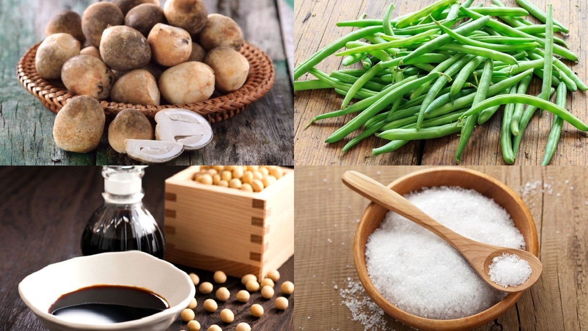 Nguyên liệu món ăn nấm rơm xào sả ớt, nấm rơm xào đậu que, nấm rơm xào thịt bò chay và nấm rơm xào dưa cải chua