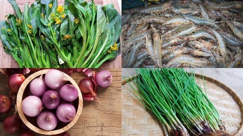 Nguyên liệu món ăn canh cải ngồng tôm tươi, canh cải ngồng nấu tôm khô