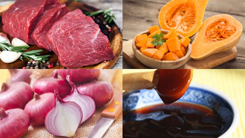 Nguyên liệu món ăn thịt bò hầm bí đỏ, thịt bò hầm bí đỏ hạt sen
