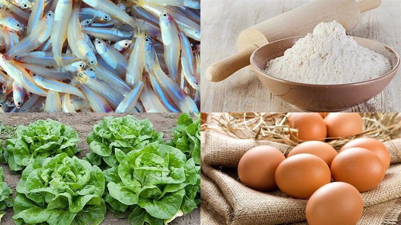 Nguyên liệu món ăn cá cơm chiên bột cuốn bánh tráng rau sống