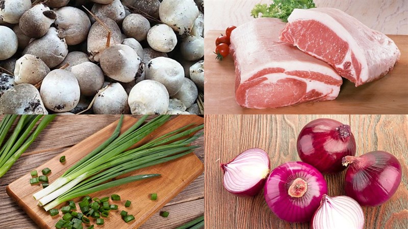 Nguyên liệu món ăn nấm rơm xào thịt heo