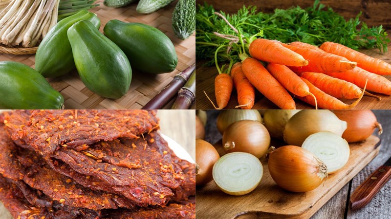 Nguyên liệu món ăn nộm đu đủ bò khô