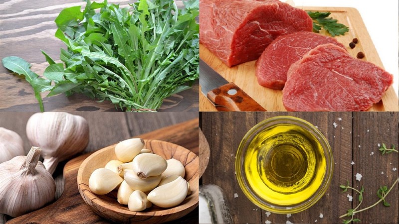 Nguyên liệu món ăn rau bồ công anh xào tỏi và thịt bò