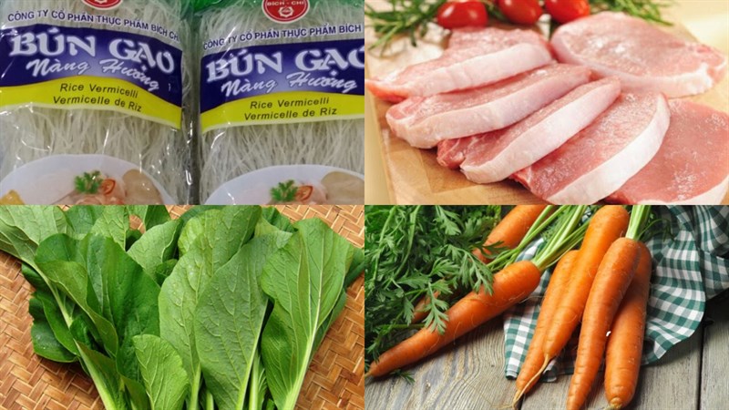 Nguyên liệu món ăn bún gạo xào thịt heo và xào thịt bò