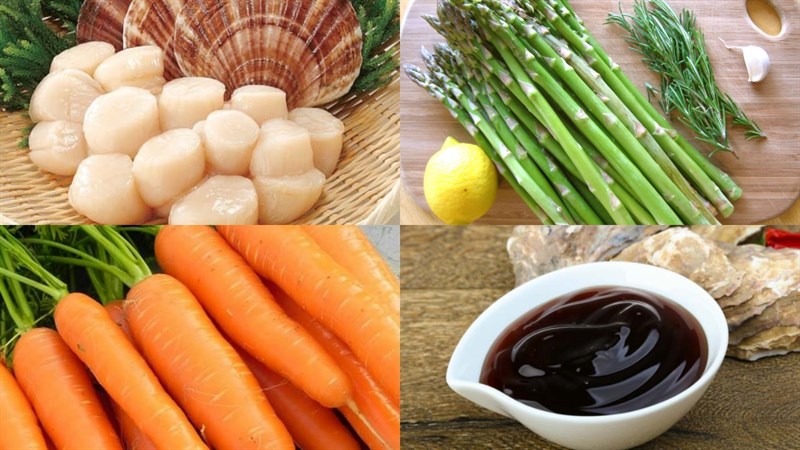 Nguyên liệu món ăn cồi sò điệp xào nấm cải, măng tây và hoa thiên lý
