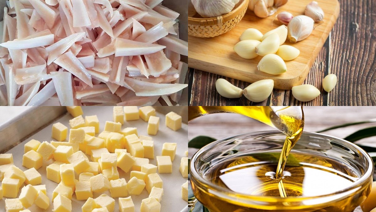 Nguyên liệu món ăn sụn gà chiên giòn sốt bơ tỏi, phô mai và trứng muối