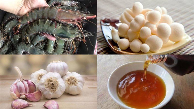 Nguyên liệu món ăn tôm xào nấm hương và nấm linh chi