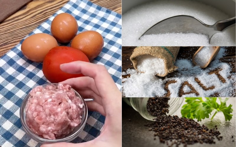 Nguyên liệu món ăn trứng hấp thịt băm, hải sản, rau củ
