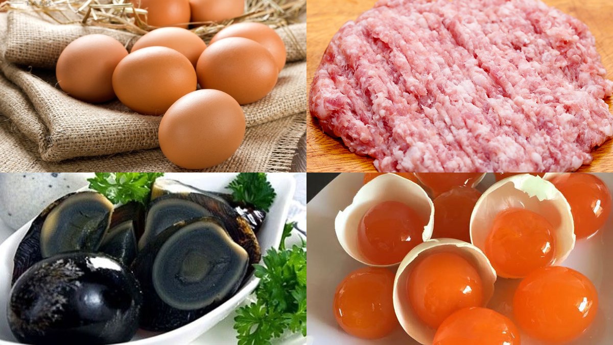 Nguyên liệu món ăn trứng hấp thịt băm, hải sản, rau củ